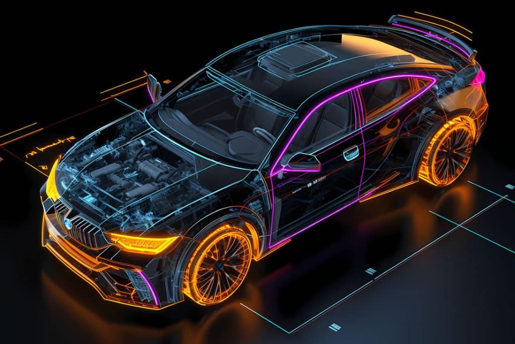 Aracın motor ve donanım yapısını neon çizgilerle gösteren 3D holografik spor araba tasarımı; ECU Global'in sunduğu güvenli performans optimizasyonu ve stage yazılım hizmetlerini temsil eden görsel.