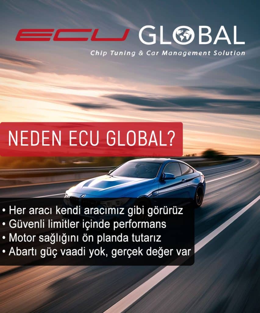 Neden ECU GLOBAL tercih edilmeli sorusunu cevaplayan; güvenli limitler içinde performans, motor sağlığı ve gerçek değer vaatlerini listeleyen mavi spor araba görselli chip tuning tanıtım afişi.